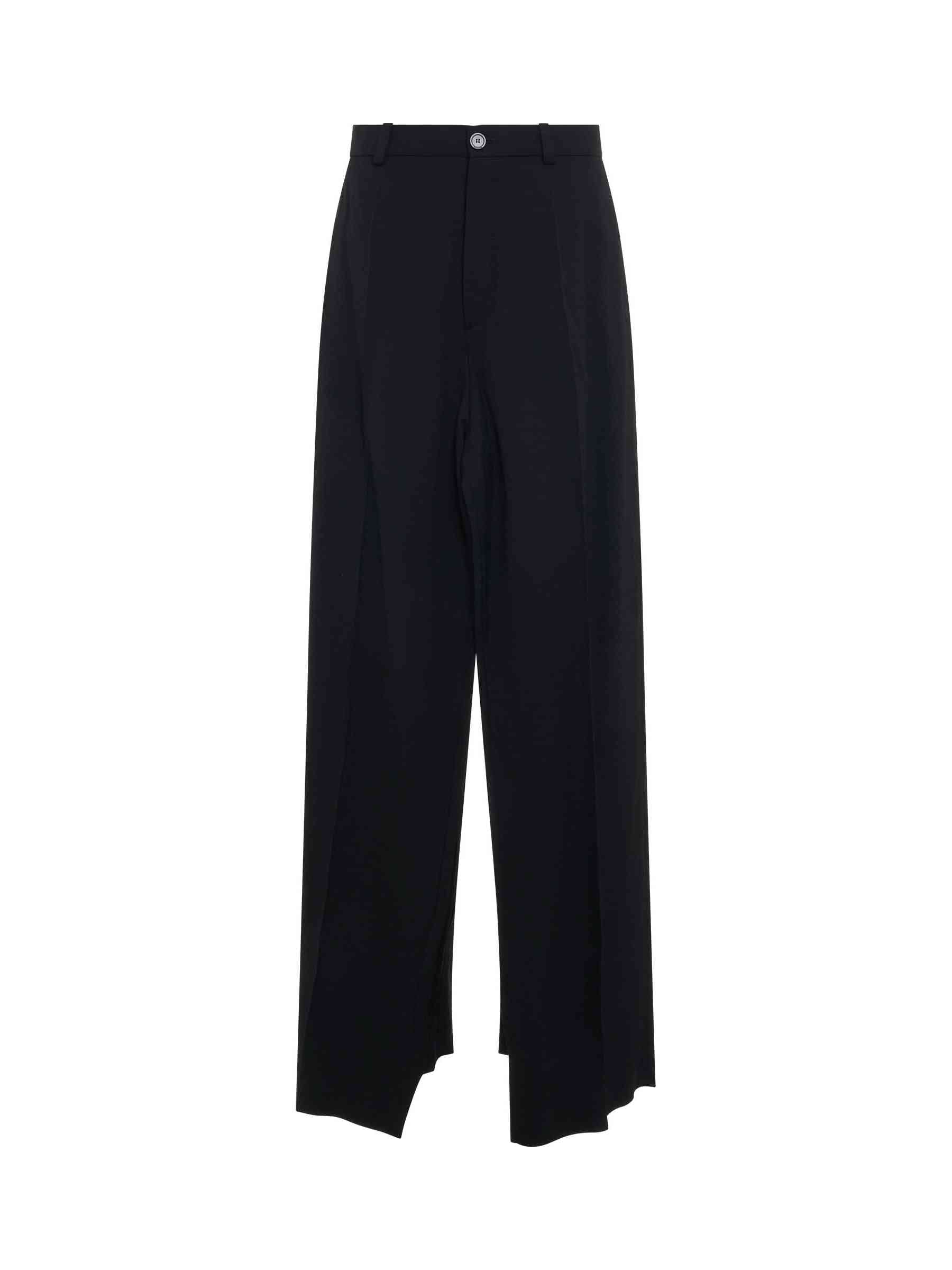 Image of a model wearing Pants. Productname: BALENCIAGA Deconstructed Double Front Pants in Black colour by brand - BALENCIAGA