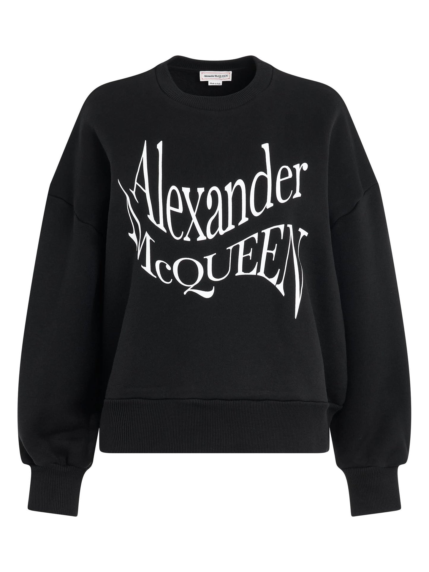 Image of a model wearing Outerwear. Productname: ALEXANDER MCQUEEN Warped Print Sweatshirt in Black colour by brand - ALEXANDER MCQUEEN