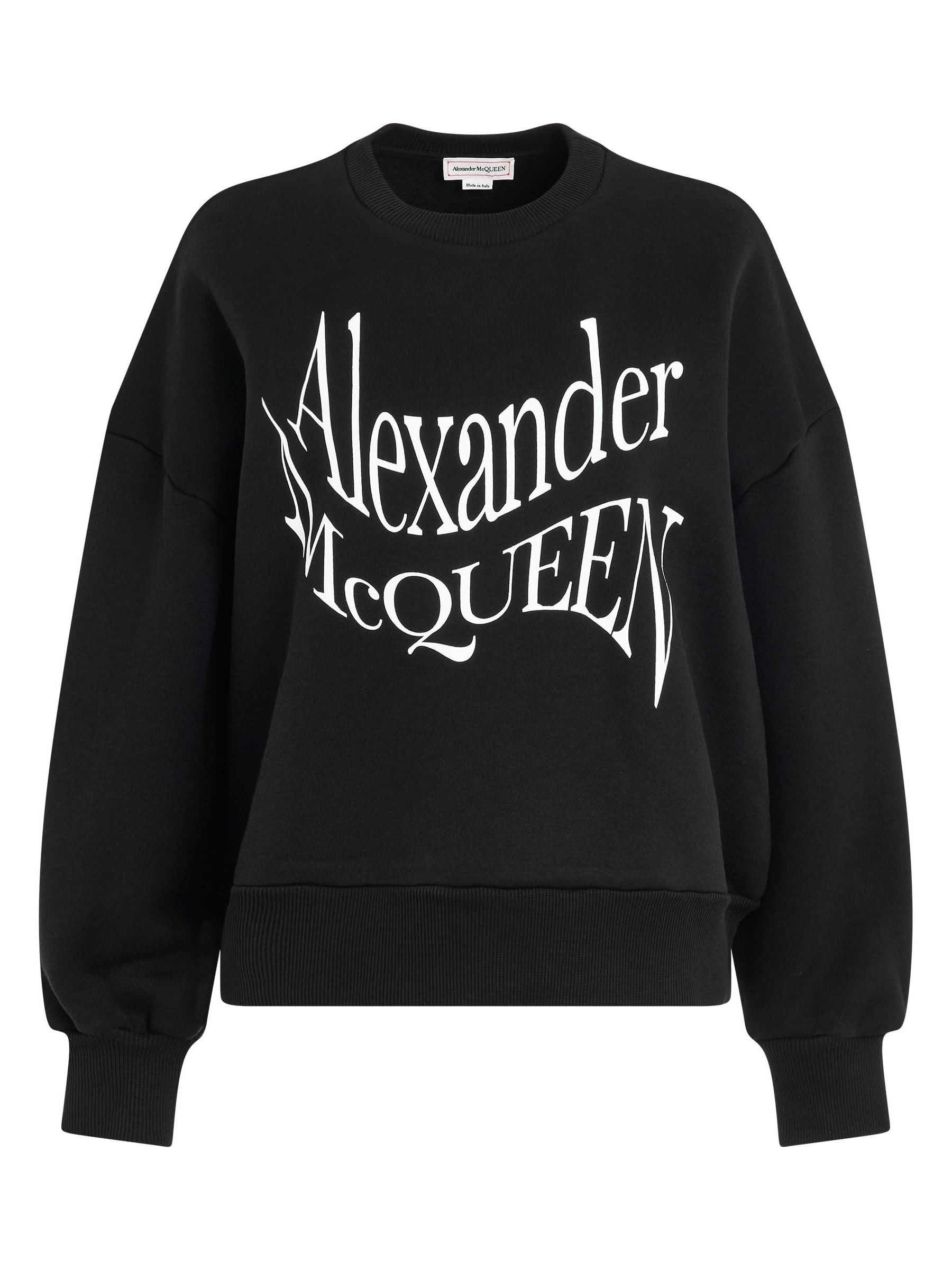 Image of a model wearing Outerwear. Productname: ALEXANDER MCQUEEN Warped Print Sweatshirt in Black colour by brand - ALEXANDER MCQUEEN