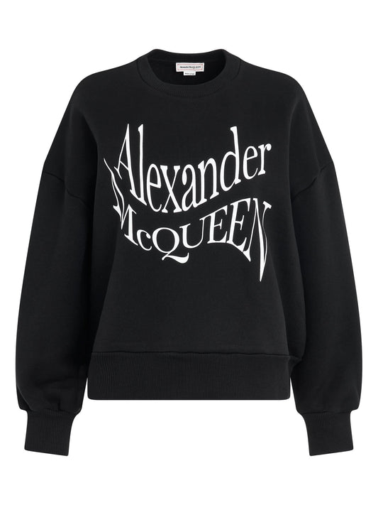 Image of a model wearing Outerwear. Productname: ALEXANDER MCQUEEN Warped Print Sweatshirt in Black colour by brand - ALEXANDER MCQUEEN
