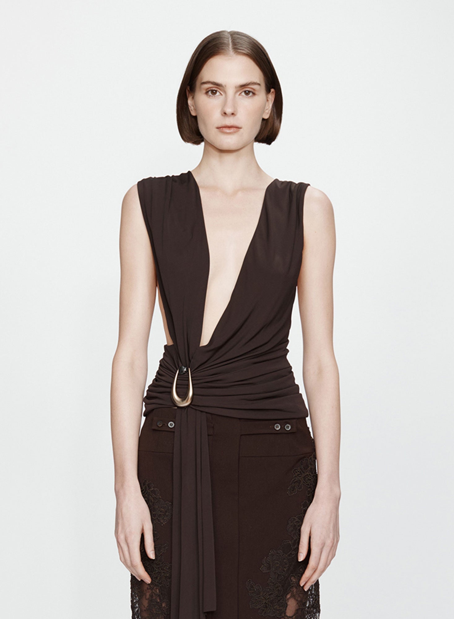 Image of Scarves & Shawls. Productname: CHRISTOPHER ESBER Stone Pin Scarf Drape Top in Umber colour by brand - CHRISTOPHER ESBER