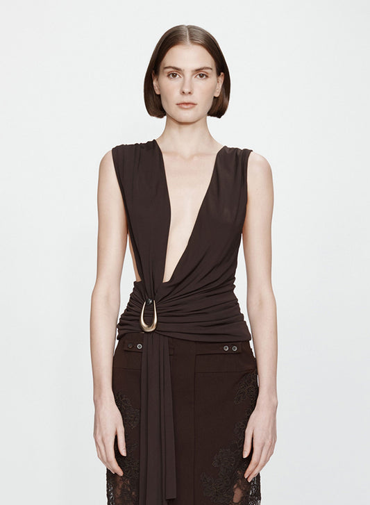 Image of Scarves & Shawls. Productname: CHRISTOPHER ESBER Stone Pin Scarf Drape Top in Umber colour by brand - CHRISTOPHER ESBER