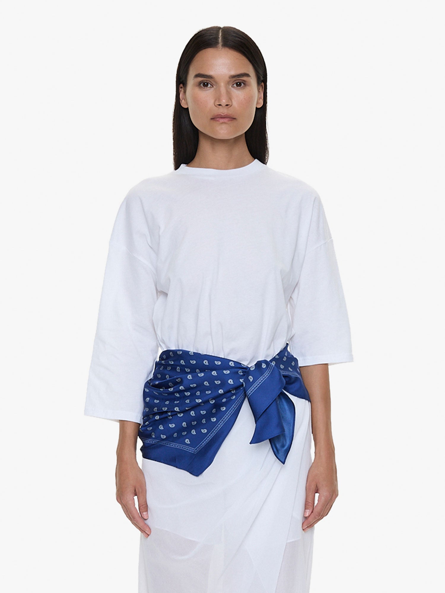 Image of a model wearing Tops. Product name - Bandana Scarf Pareo Tee in Print colour by brand - CHRISTOPHER ESBER