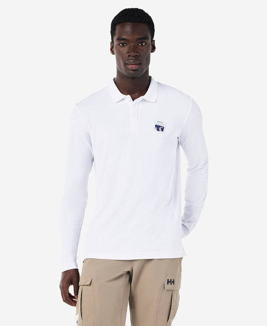Image of a model wearing Tops. Product name - RSHYR25 CREWLINE LS POLO, White in White colour by brand - Helly Hansen