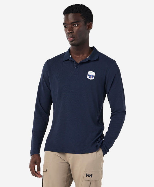 Image of a model wearing Tops. Product name - RSHYR25 CREWLINE LS POLO, Navy in Navy colour by brand - Helly Hansen