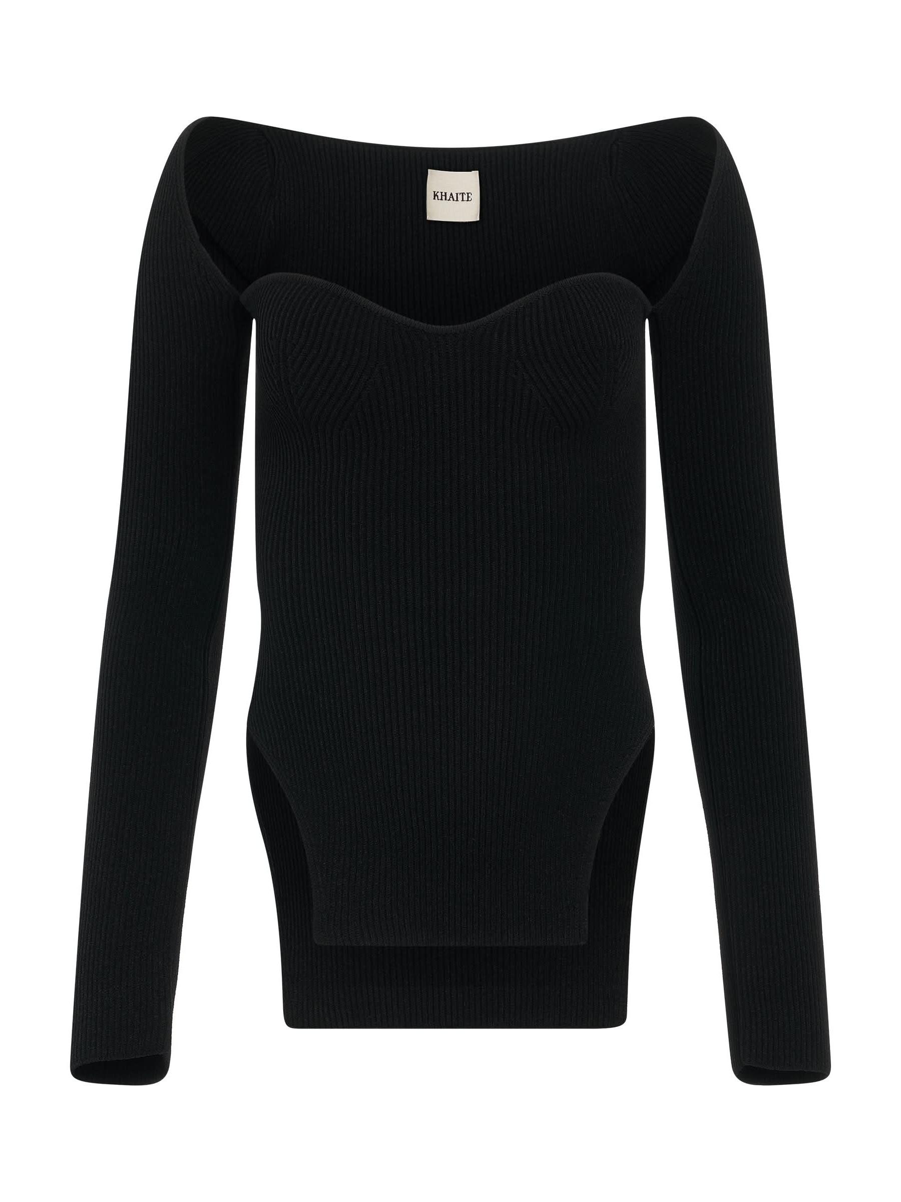 Image of a model wearing Tops. Productname: KHAITE Maddy Top in Black colour by brand - KHAITE