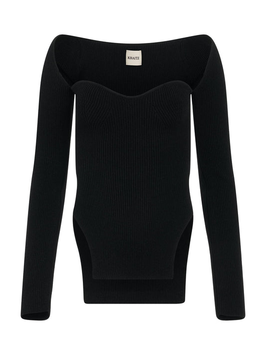 Image of a model wearing Tops. Productname: KHAITE Maddy Top in Black colour by brand - KHAITE