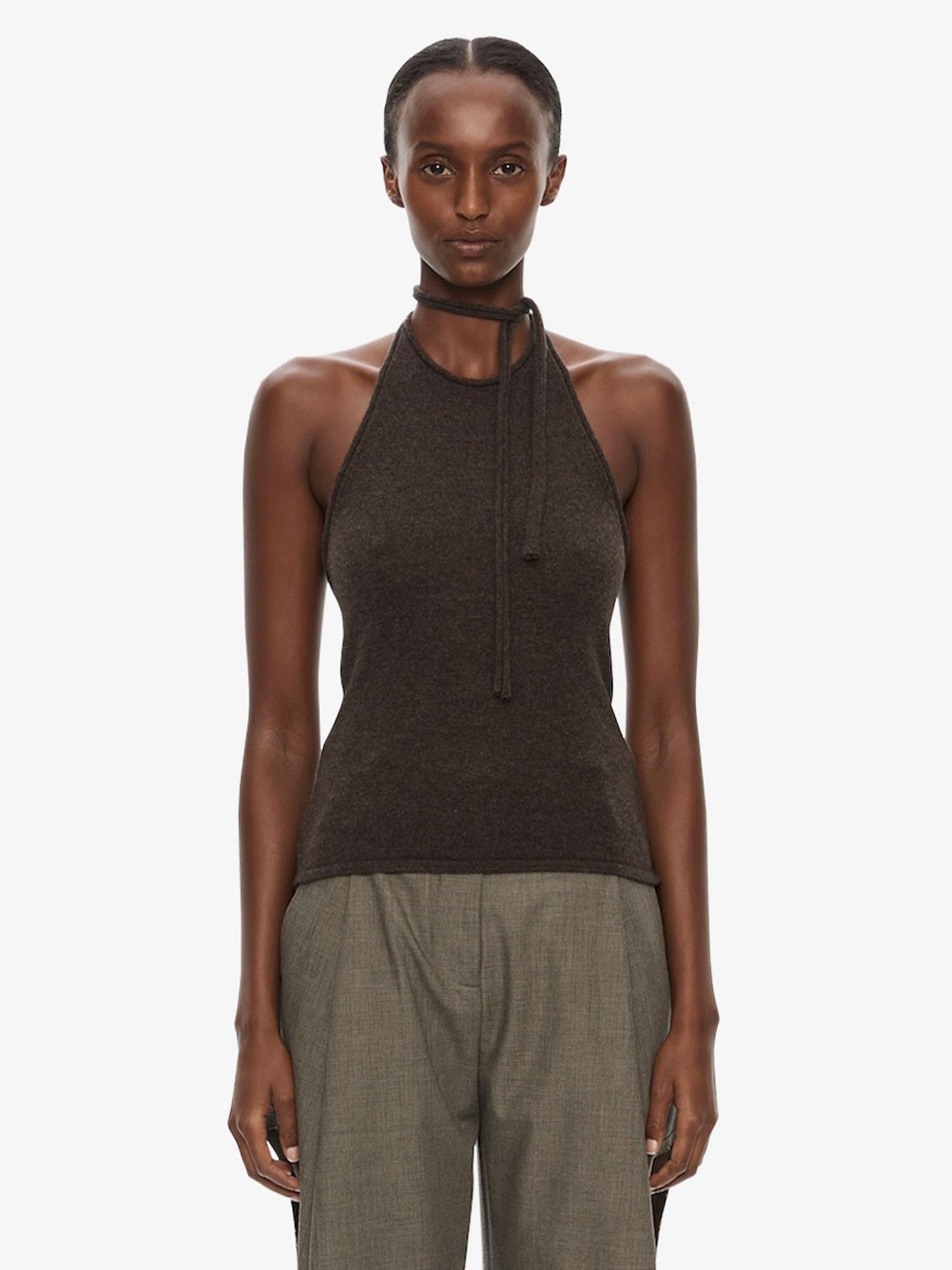 Image of Clothing Tops. Product name - Cashmere Rae Halter Tank in Umber colour by brand - CHRISTOPHER ESBER