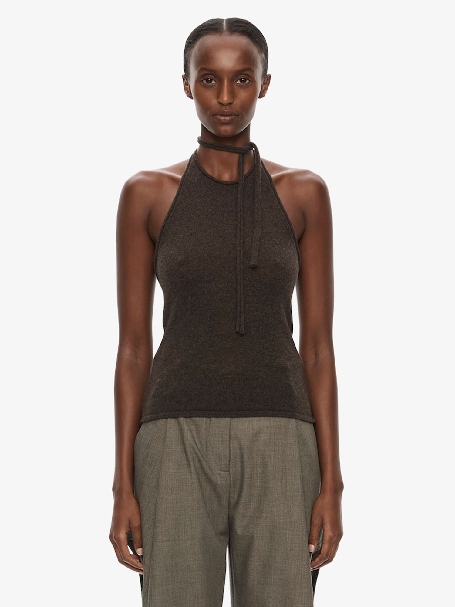 Image of Clothing Tops. Product name - Cashmere Rae Halter Tank in Umber colour by brand - CHRISTOPHER ESBER