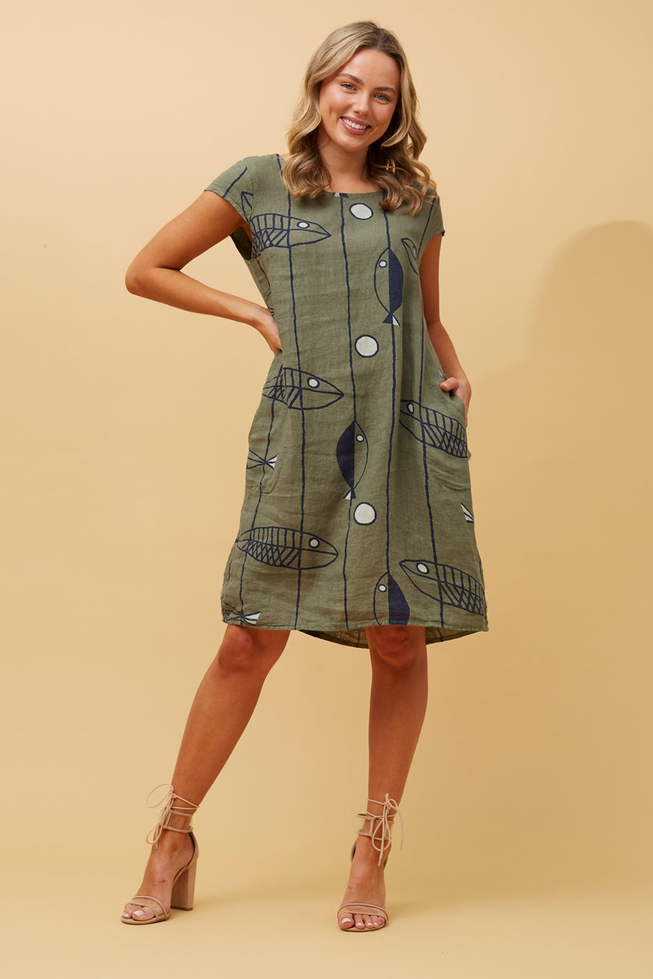 RIMINI LINEN SHIFT DRESS (White/Navy)