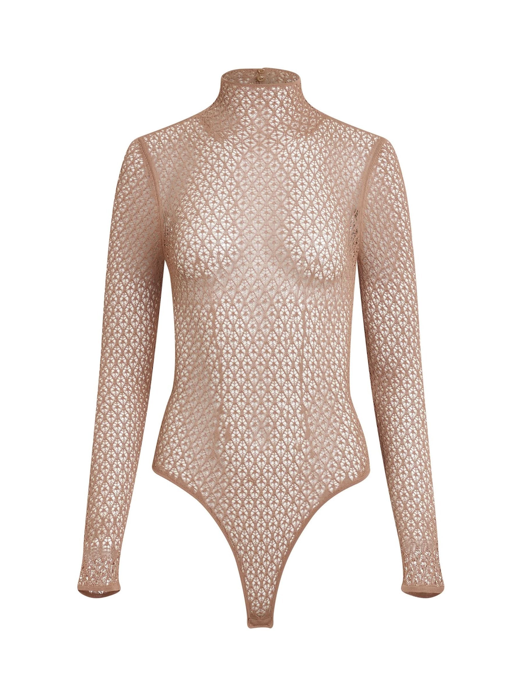 Image of a model wearing Tops. Productname: KHAITE Fena Bodysuit in Almond colour by brand - KHAITE