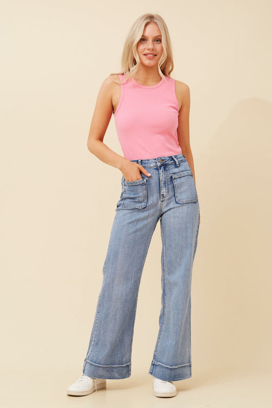Image of Jeans. Product name - FERRAN WIDE LEG DENIM PANTS in Denim colour by brand - Caroline Morgan Australia