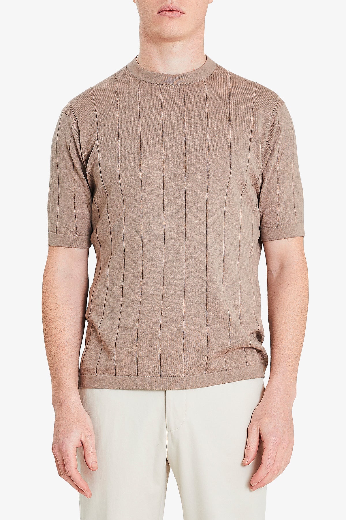Image of T-Shirts. Product name - Aviation Knitted Tee Taupe in Taupe colour by brand - Anthony Squires