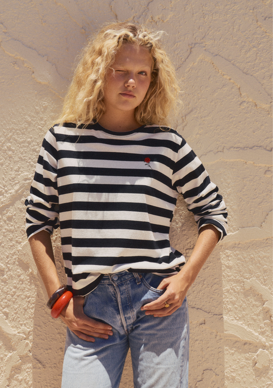 Image of a model wearing Tops. Productname: Auguste The Label Alden Long Sleeve Tee in Black colour by brand - Auguste The Label