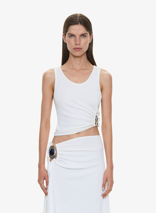 Image of a model wearing Tops. Productname: CHRISTOPHER ESBER Droplet Crystal Ruched Tank in White colour by brand - CHRISTOPHER ESBER