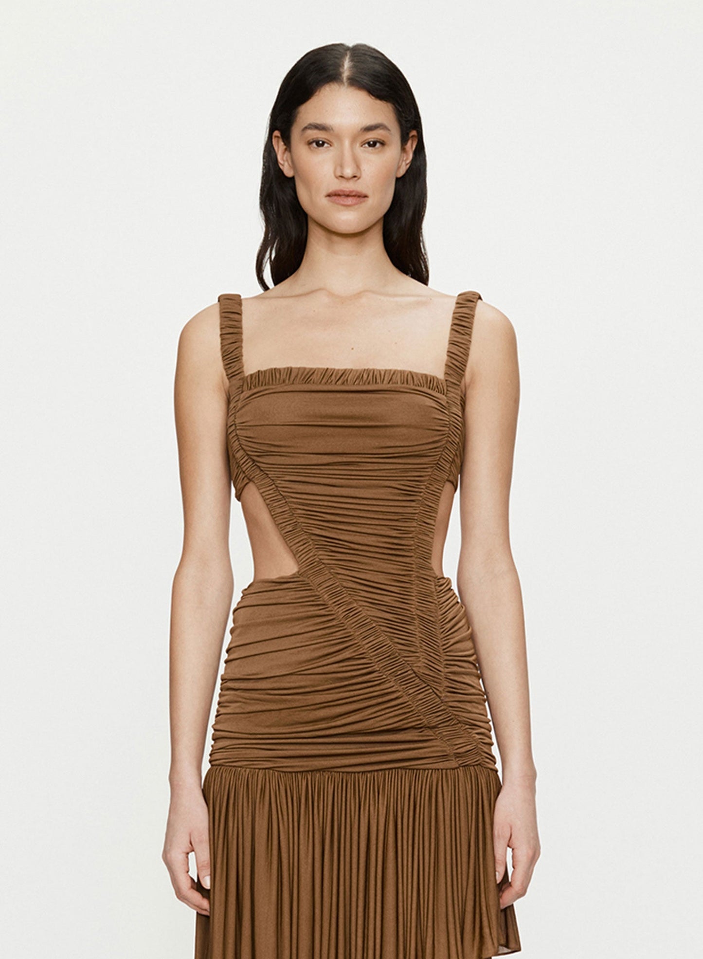 Image of a model wearing Tops. Productname: CHRISTOPHER ESBER Orion Separation Top in Russet colour by brand - CHRISTOPHER ESBER