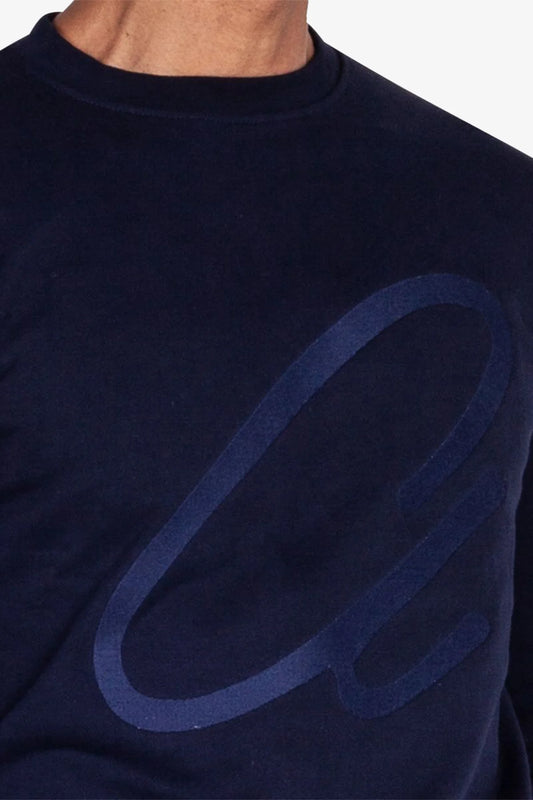Image of a model wearing Outerwear. Product name - Elmer Navy Sweatshirt in Navy colour by brand - Anthony Squires