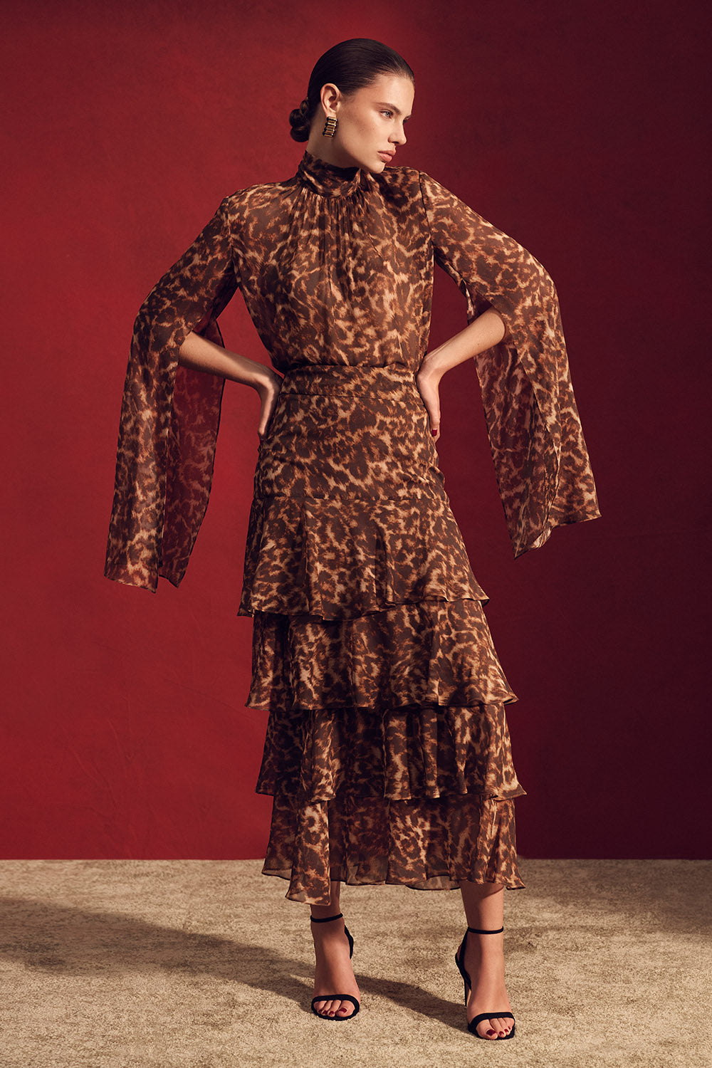 Carla Zampatti Leopard Silk Tiered Maxi Skirt (Brown)