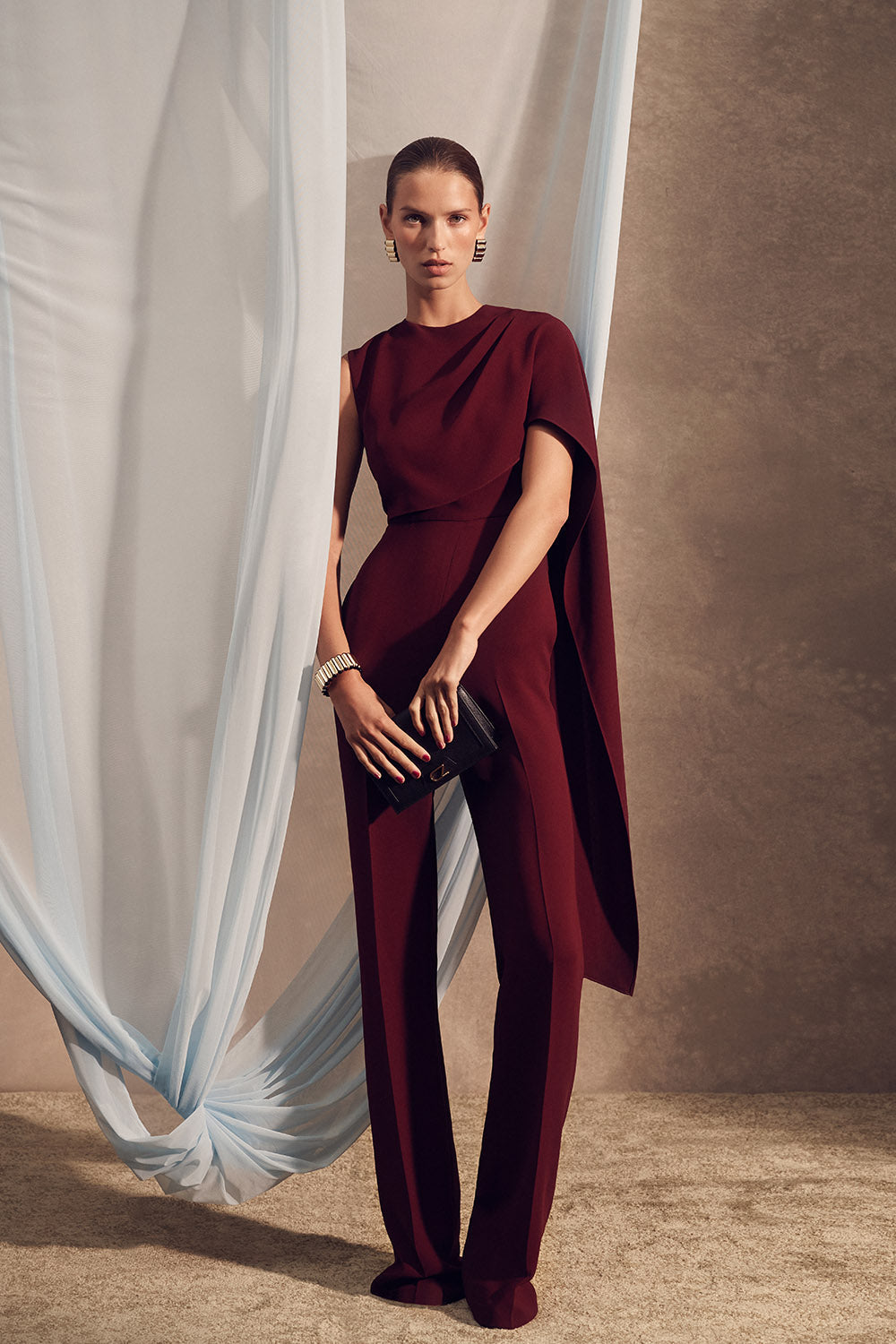 Carla Zampatti Merlot Crepe Cascade Jumpsuit (Red)
