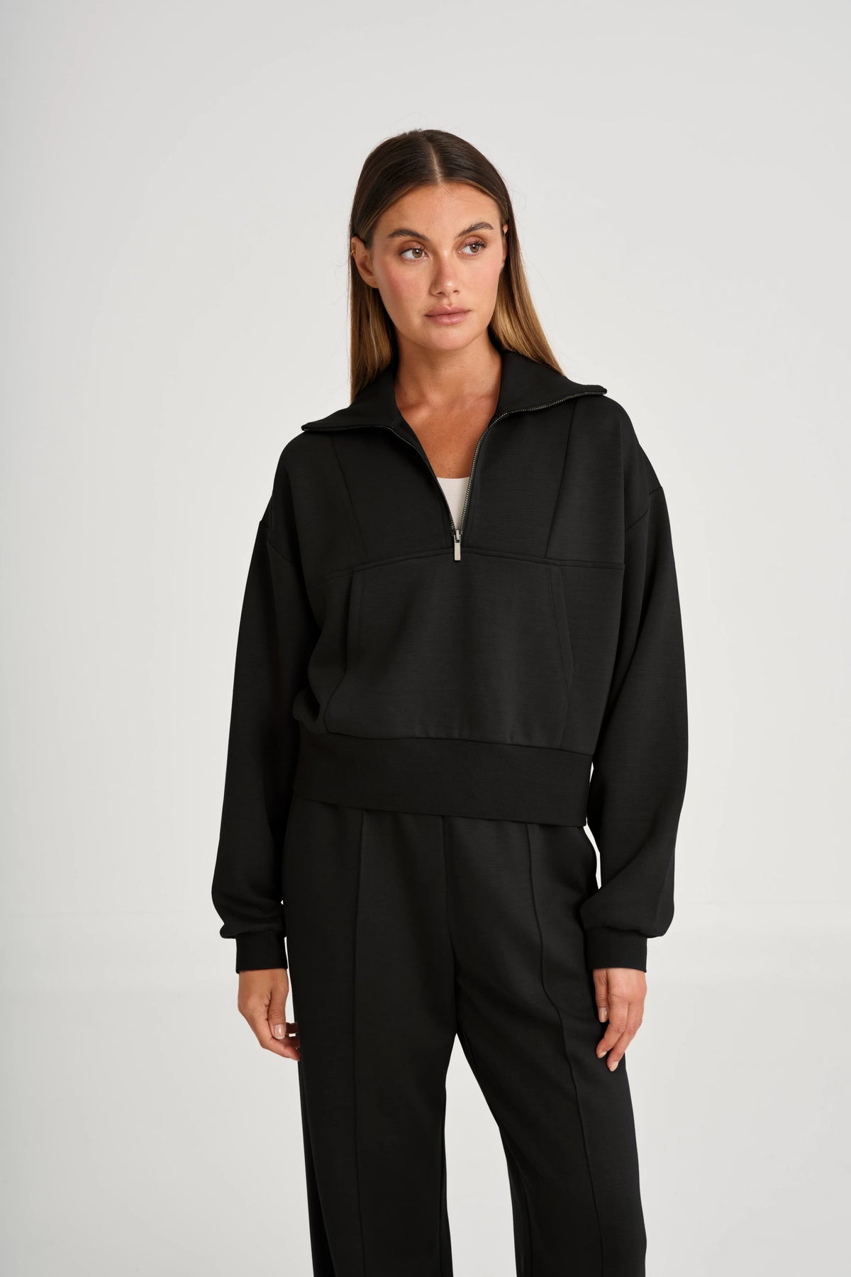 Image of a model wearing Outerwear. Product name - Soft Luxury 1/4 Zip Jumper in Black colour by brand - All Fenix