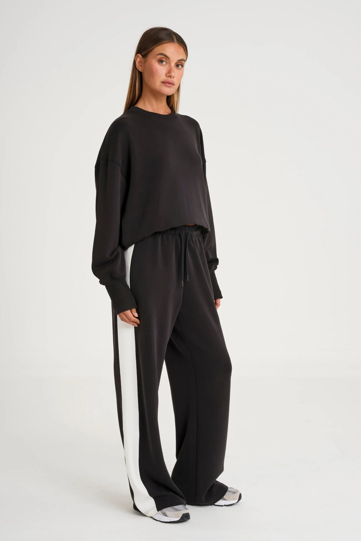 Soft Luxury Contrast Wide Leg Track Pant (Black)