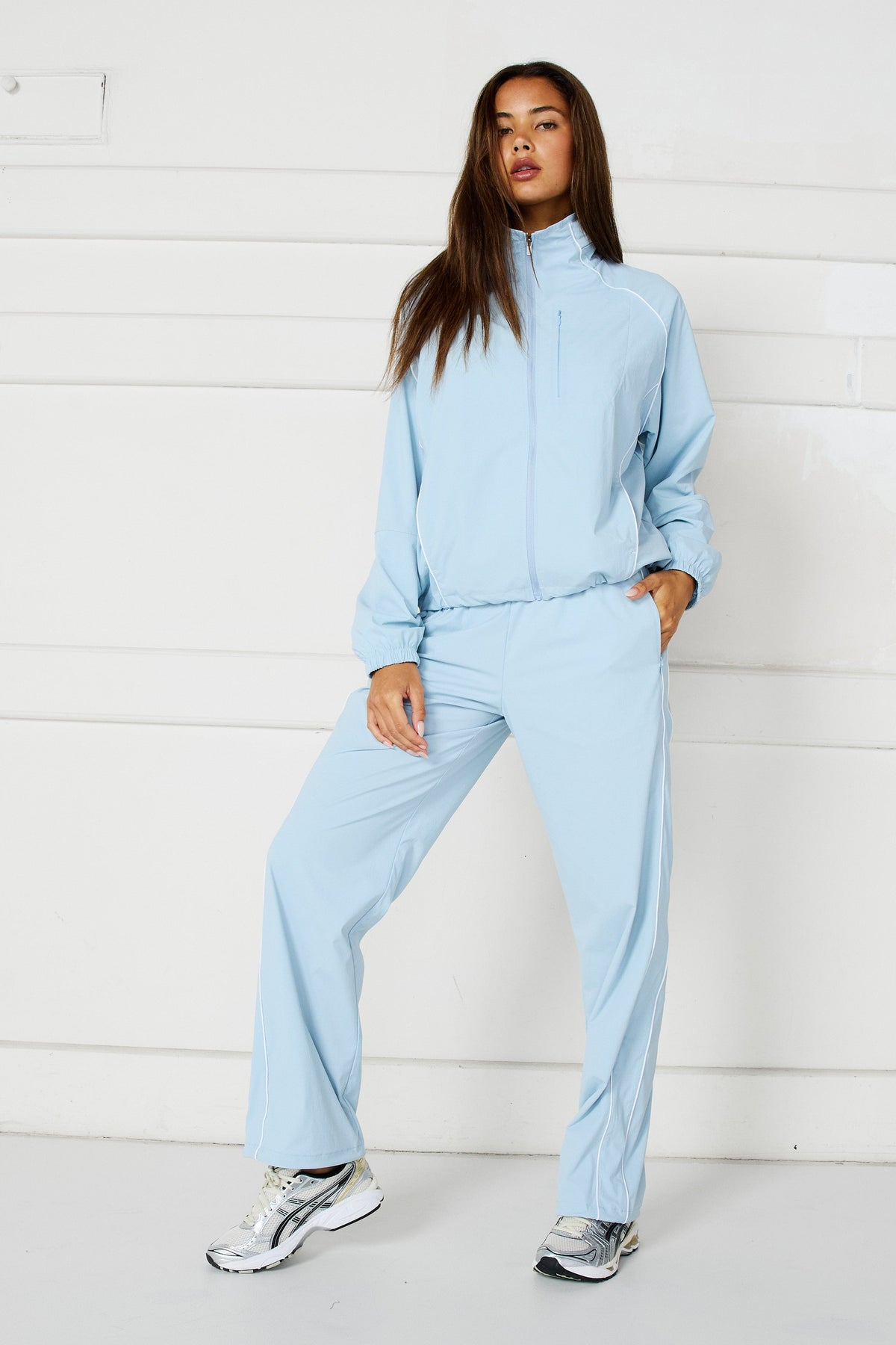Spray Contrast Piping Wide Leg Pant (Blue)
