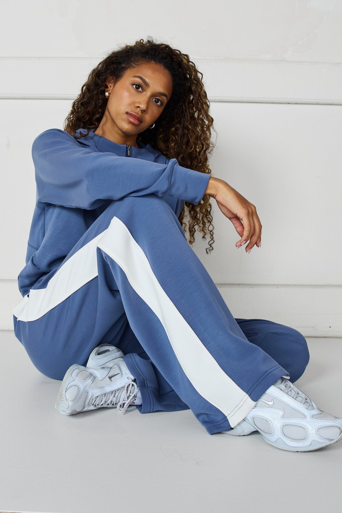 Image of a model wearing Pants. Product name - Soft Essentials Contrast Wide Leg Pant Blue Indigo/Chalk in Blue colour by brand - All Fenix