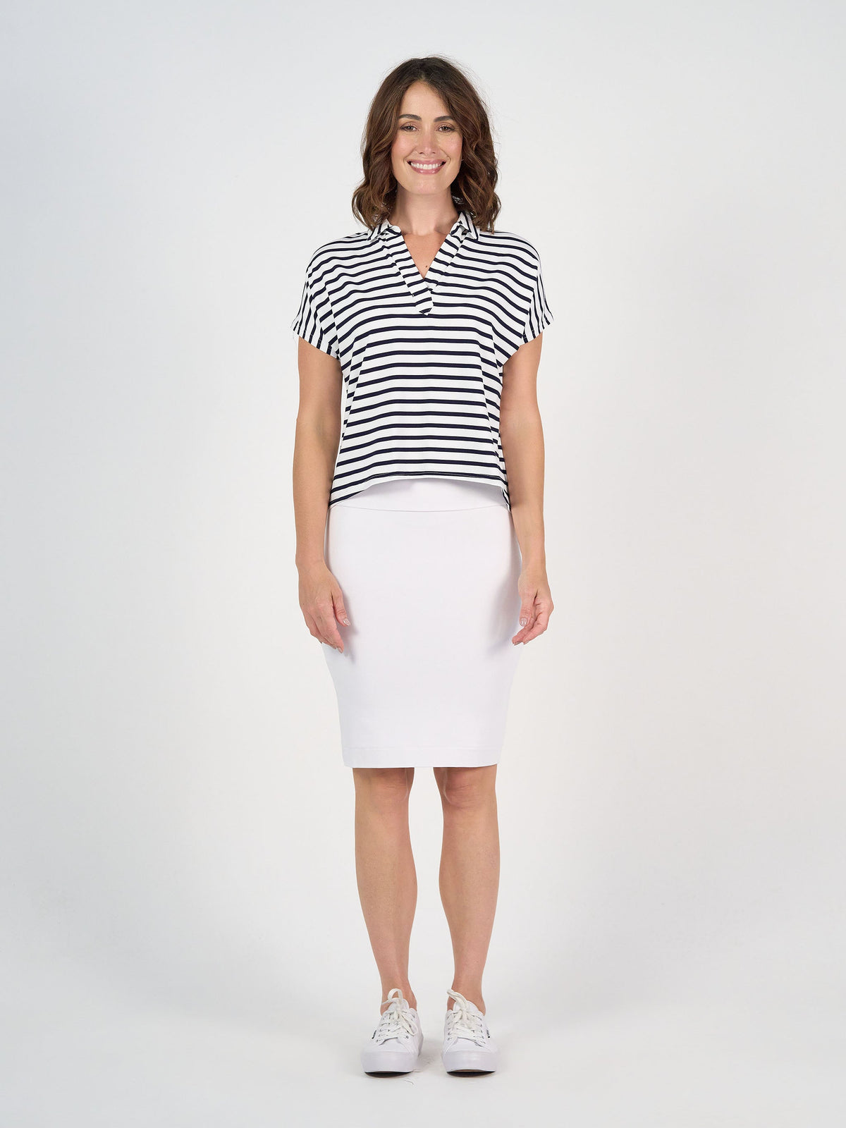 Lou Lou Rush Bamboo Short Sleeve Collared Polo Top (Navy & White Stripe)