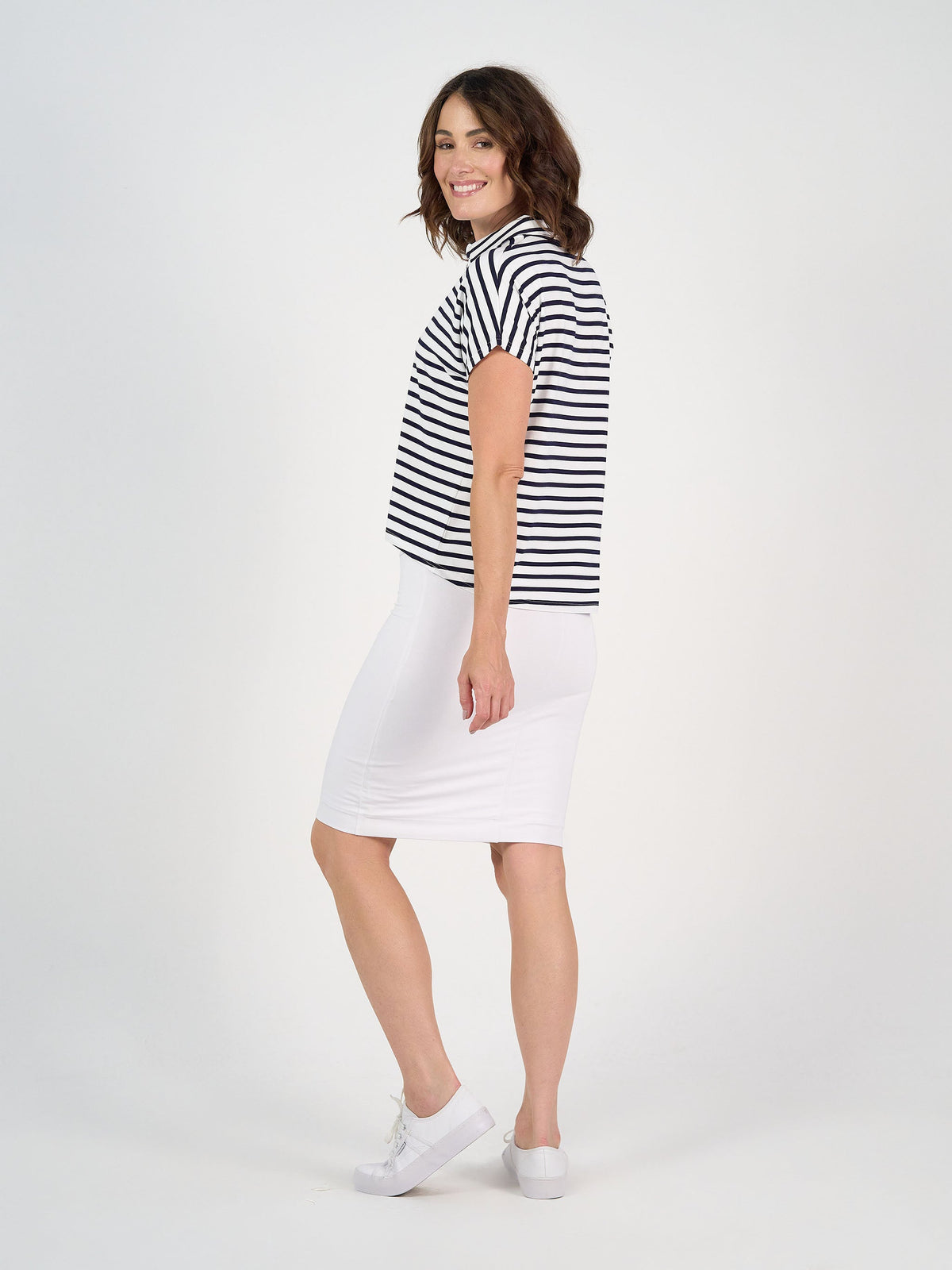 Lou Lou Rush Bamboo Short Sleeve Collared Polo Top (Navy & White Stripe)