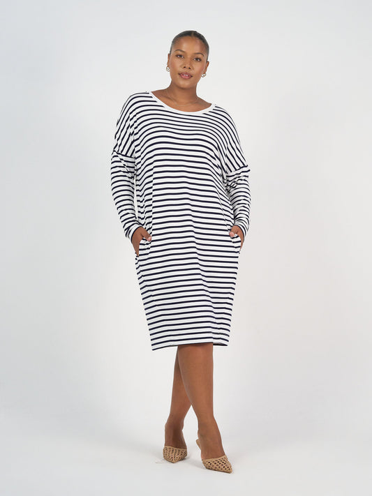 Image of Dresses. Product name - Turner Long-Sleeve Bamboo T-Shirt Dress Navy & White Stripe in Navy & White Stripe colour by brand - Lou Lou