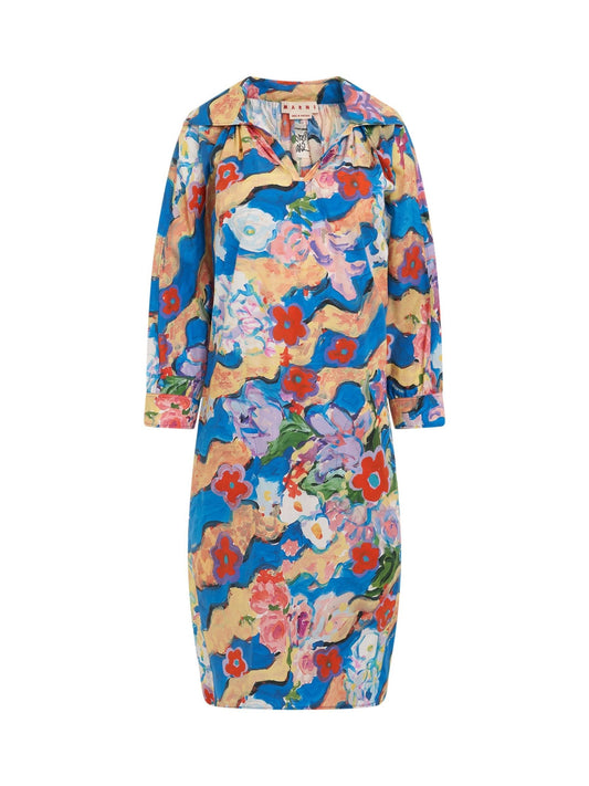 Image of a model wearing Dress. Productname: MARNI Printed Poplin Dress in Cobalt colour by brand - MARNI