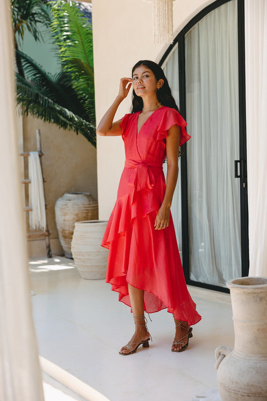 Heychic Azalea Red Tiered Ruffle Midi Dress (Watermelon)