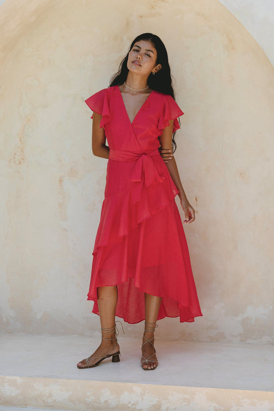 Image of Dresses. Productname: Heychic Azalea Red Tiered Ruffle Midi Dress in Watermelon colour by brand - Heychic