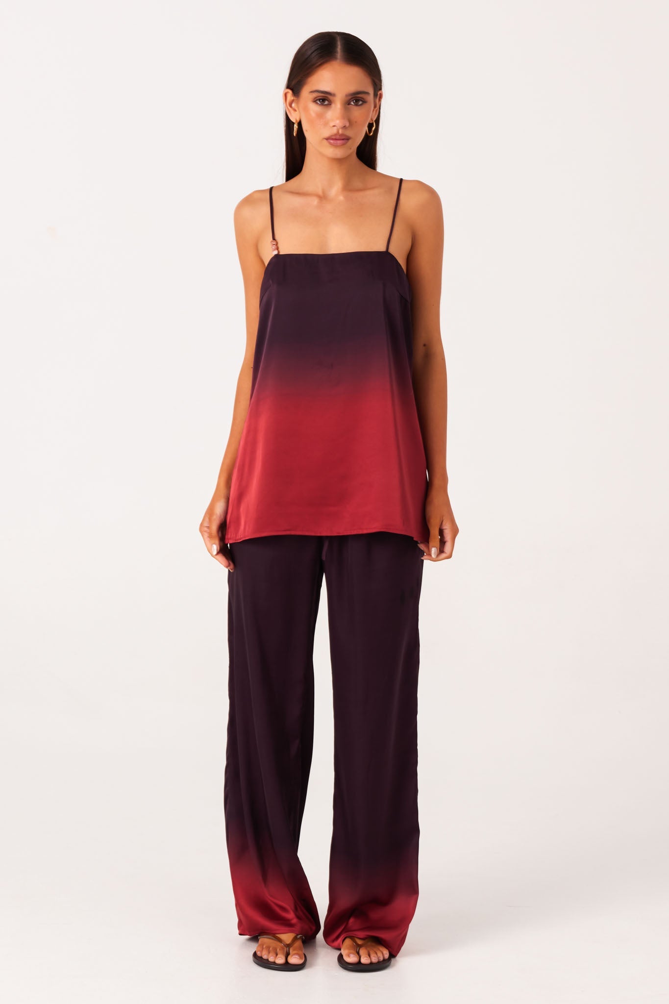 Image of a model wearing Pants. Productname: SNDYS AMAYA PANTS in Plum Ombre colour by brand - SNDYS