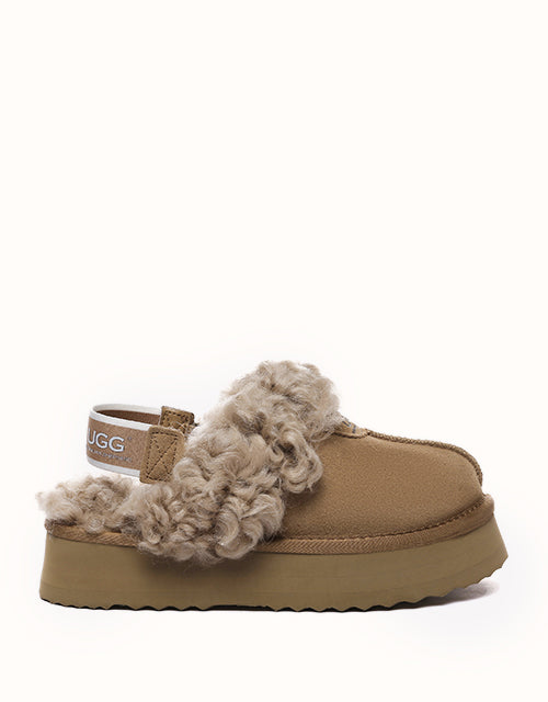 Image of Heels. Product name - AUSTRALIAN SHEPHERD® Waffle Curly Platform Slippers in Chestnut colour by brand - Ugg Australian Shepherd