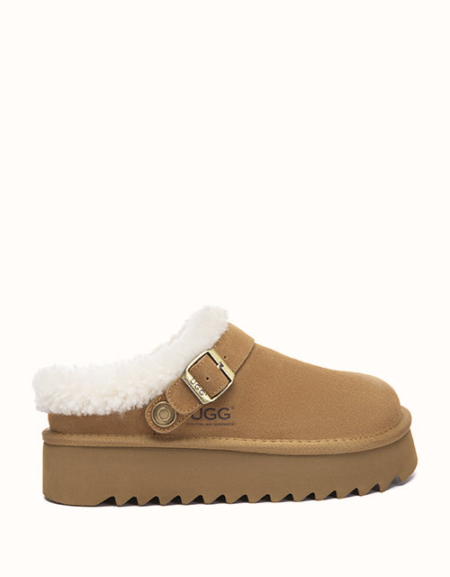 Image of Heels. Product name - AUSTRALIAN SHEPHERD® Pulsey Platform Slippers in Chestnut colour by brand - Ugg Australian Shepherd