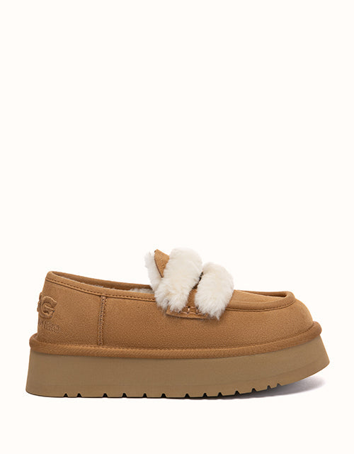 Image of Heels. Product name - AUSTRALIAN SHEPHERD® Mora Platform Slippers in Chestnut colour by brand - Ugg Australian Shepherd