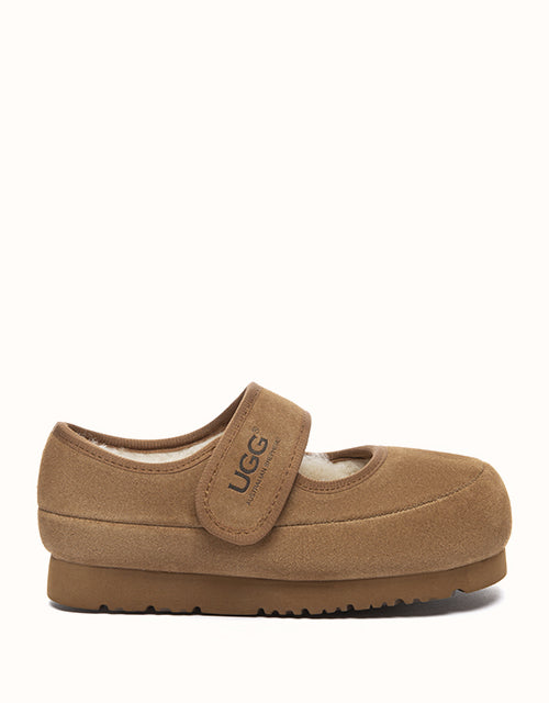 Image of Flats. Product name - Australian Shepherd® Millie Kids Mary Jane Slippers in Chestnut colour by brand - Ugg Australian Shepherd