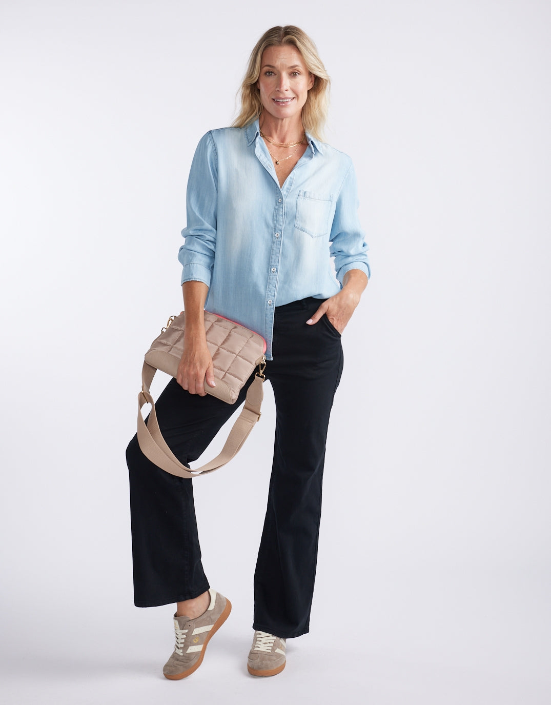 Image of a model wearing Tops. Productname: Ava Vintage Shirt - in Light Wash colour by brand - White & Co.