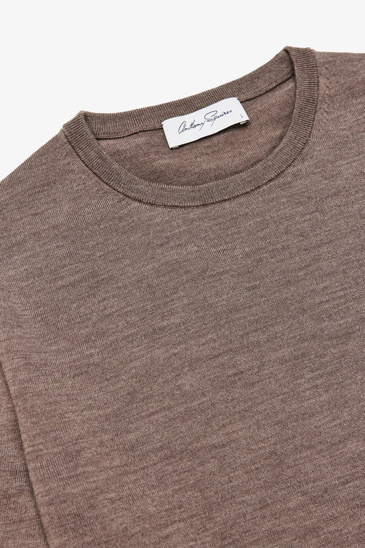 Image of a model wearing Tops. Product name - Oscar Fawn Crewneck Knit in Knit colour by brand - Anthony Squires