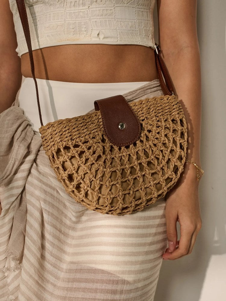 Image of Bags. Product name - Marielle Straw Half Moon Bag Cream in Cream colour by brand - Betty Basics
