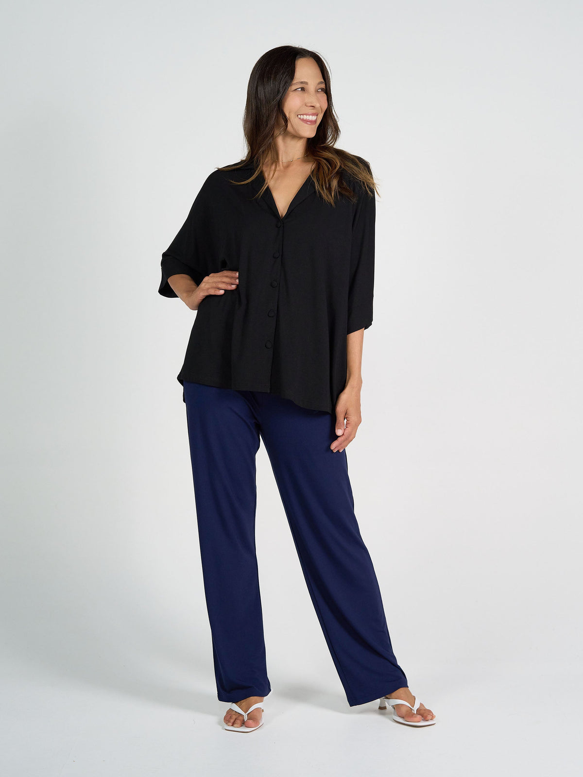 Lou Lou Alanis 3/4 Sleeve Collared Bamboo Shirt (Black)