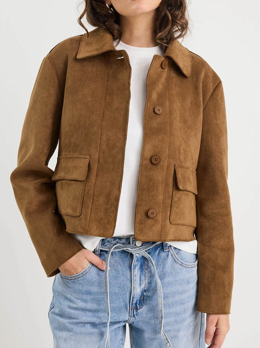 Image of Coats & Jackets. Product name - Among The Brave Exhibit Faux Suede Crop Jacket in Chocolate colour by brand - Among The Brave