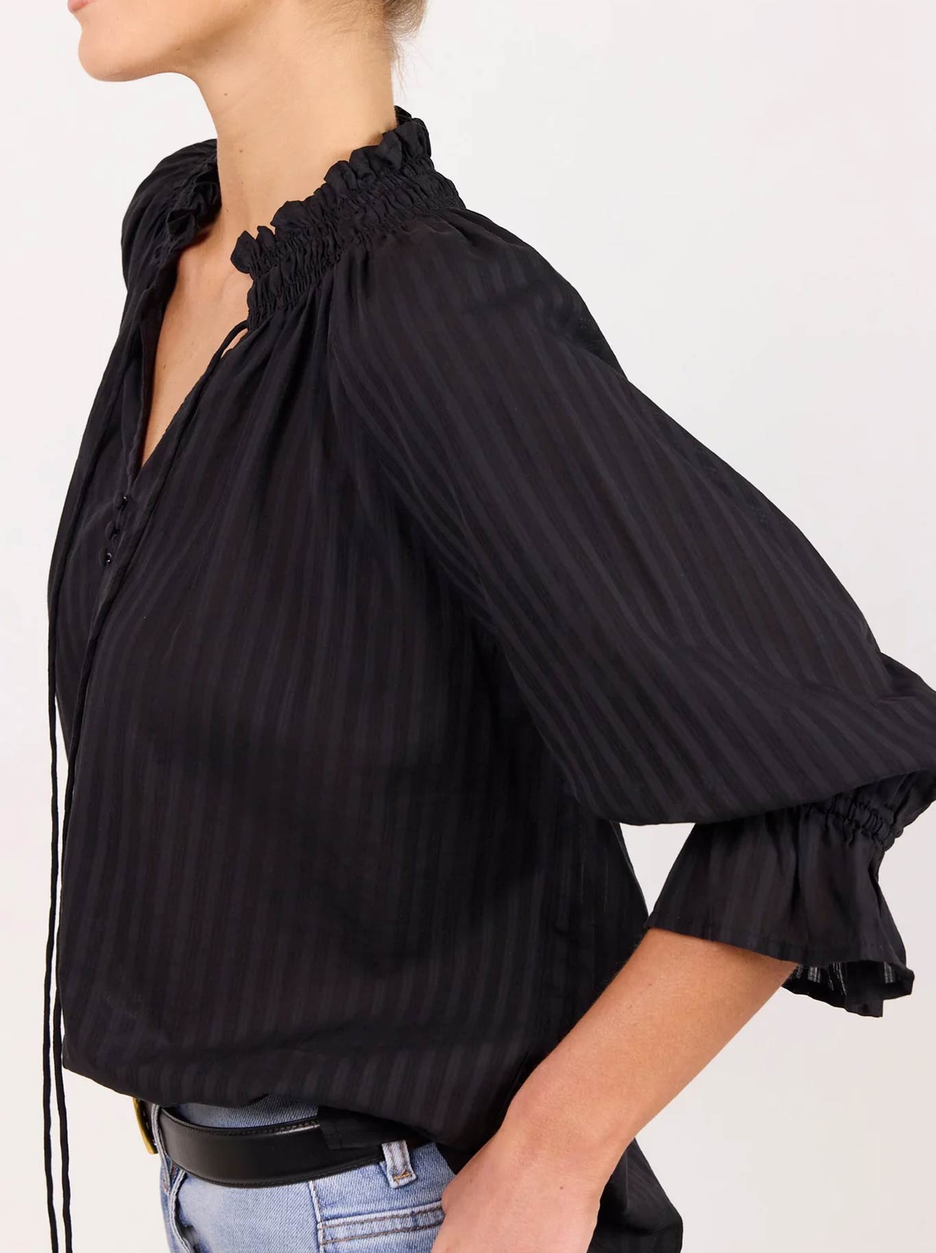 AMONG THE BRAVE EXPEDITION SHIRRED NECK TOP (Black Stripe)