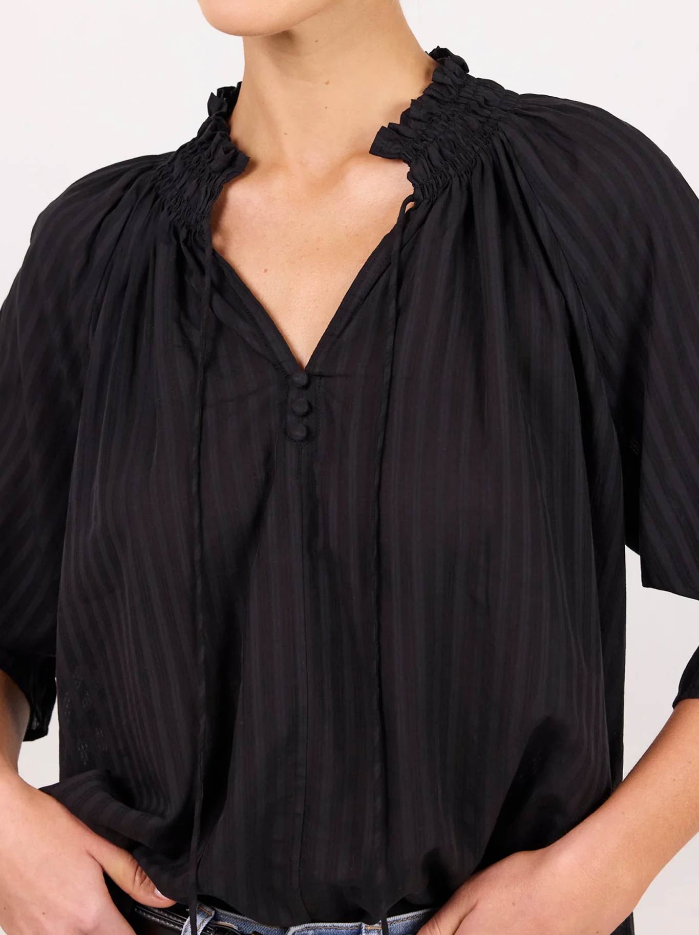 AMONG THE BRAVE EXPEDITION SHIRRED NECK TOP (Black Stripe)