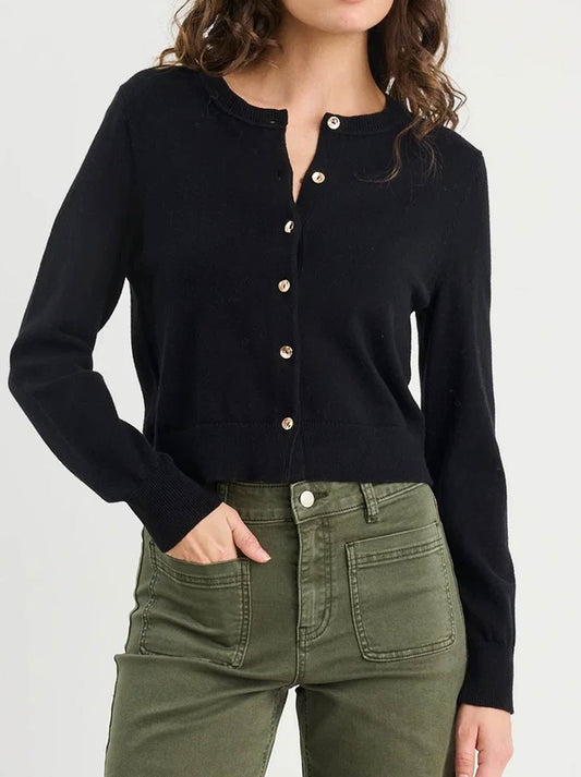 Image of a model wearing Outerwear. Product name - AMONG THE BRAVE REPLICA COTTON CASHMERE CARDI in Black colour by brand - Among The Brave