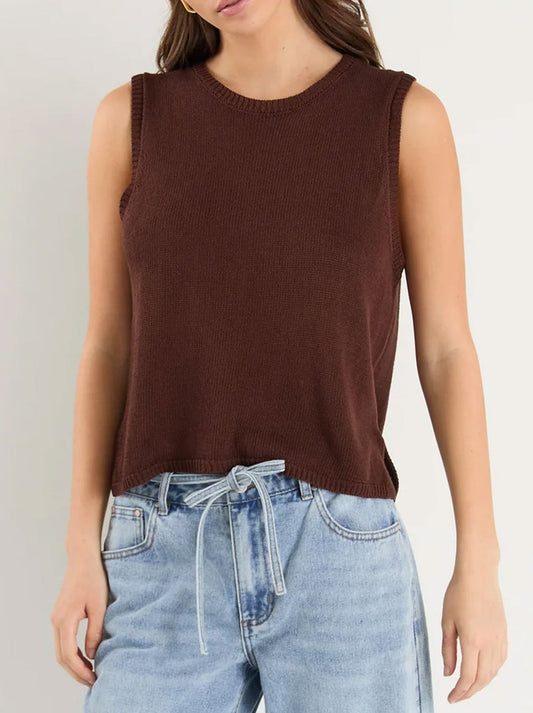 Image of a model wearing Tops. Productname: Among The Brave Salute Knit Tank Top in Chocolate colour by brand - Among The Brave
