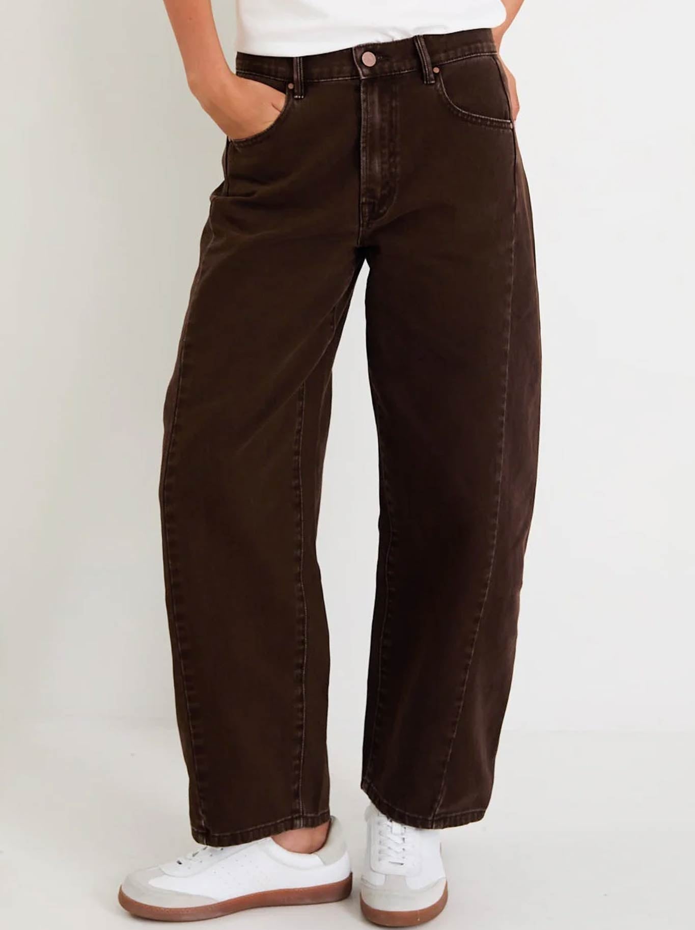 Image of Jeans. Product name - AMONG THE BRAVE VARSITY FORWARD SEAM BARREL JEANS in Chocolate colour by brand - Among The Brave