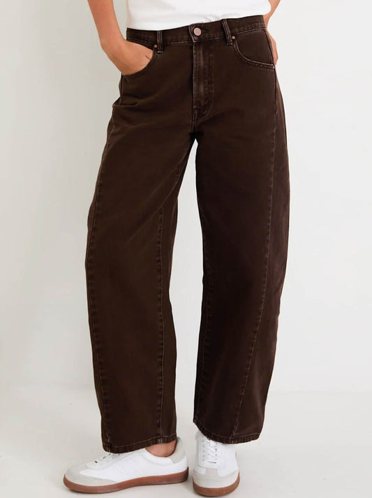 Image of Jeans. Product name - AMONG THE BRAVE VARSITY FORWARD SEAM BARREL JEANS in Chocolate colour by brand - Among The Brave