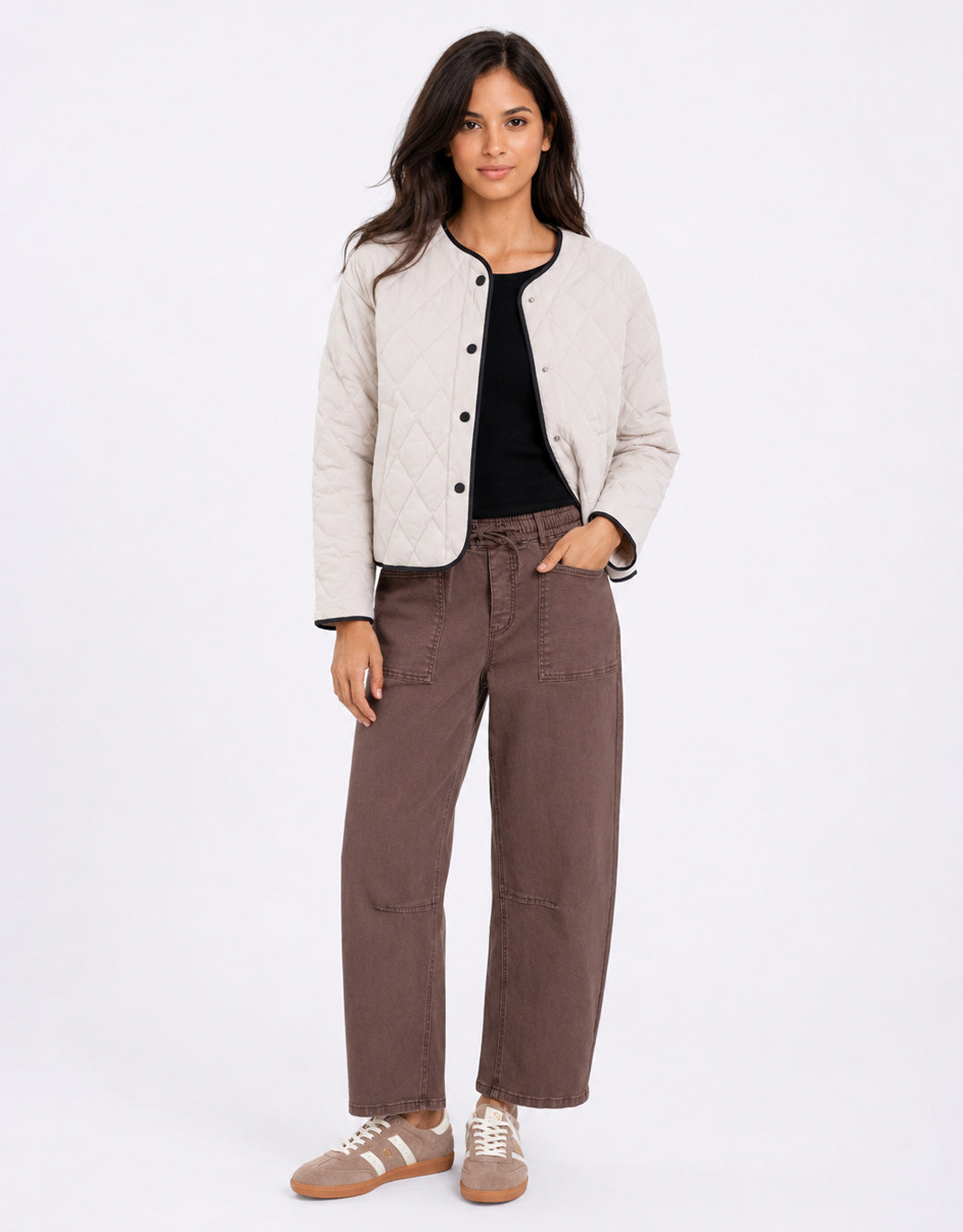 Stories Be Told Apex Collarless Quilted Contrast Piping Puffer Jacket (Bone)